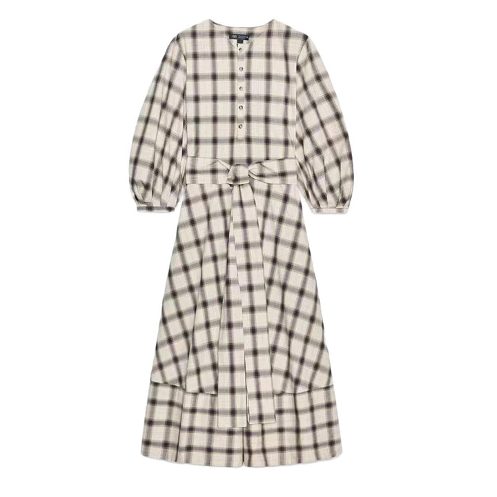 Damen Karierte Maxikleid mit Taillengürtel Drune