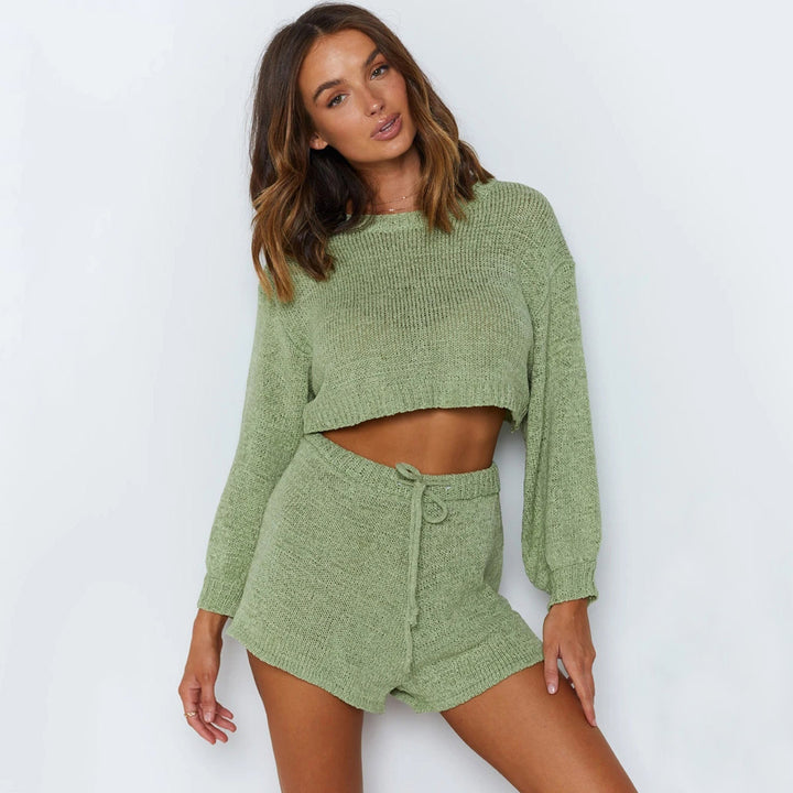 Damen kuscheliges Strick-Loungewear-Set mit modischem cropped Oberteil und Shorts Drune