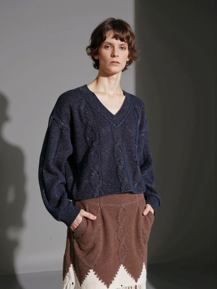 Damen Grobstrickpullover mit V-Ausschnitt und modernen Details Drune