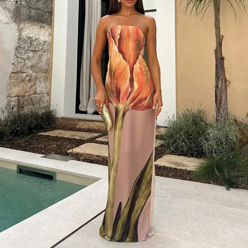 Damen Abendkleid mit elegantem drapiertem Oberteil und künstlerischem Print Drune