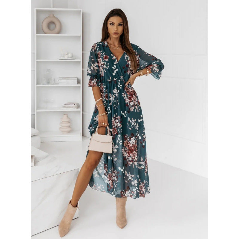 Damen elegantes Maxikleid mit animalischen Mustern und modischem Schlitz Drune