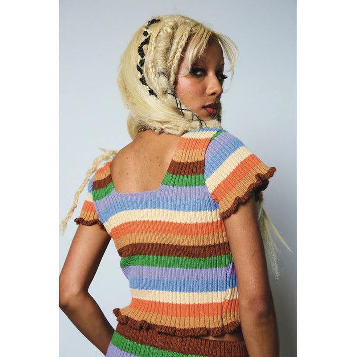 Damen figurbetontes Crop-Top mit modischen Streifen und Rüschendetails Drune