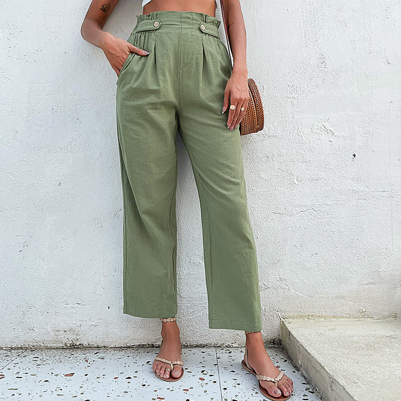 Damen weite Leinenhose mit hoher Taille und dekorativen Knopfdetails Drune