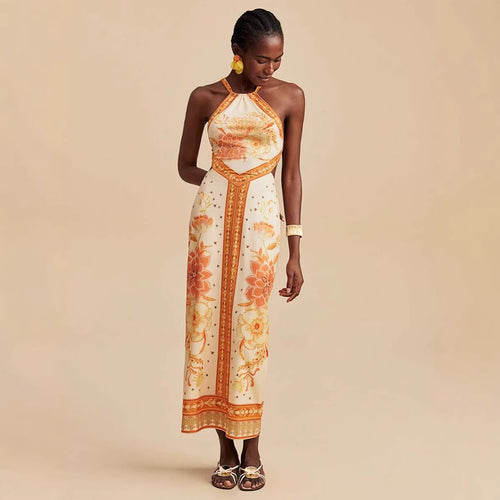 Damen Maxikleid mit exklusivem Halterdesign und floralem Druck Drune