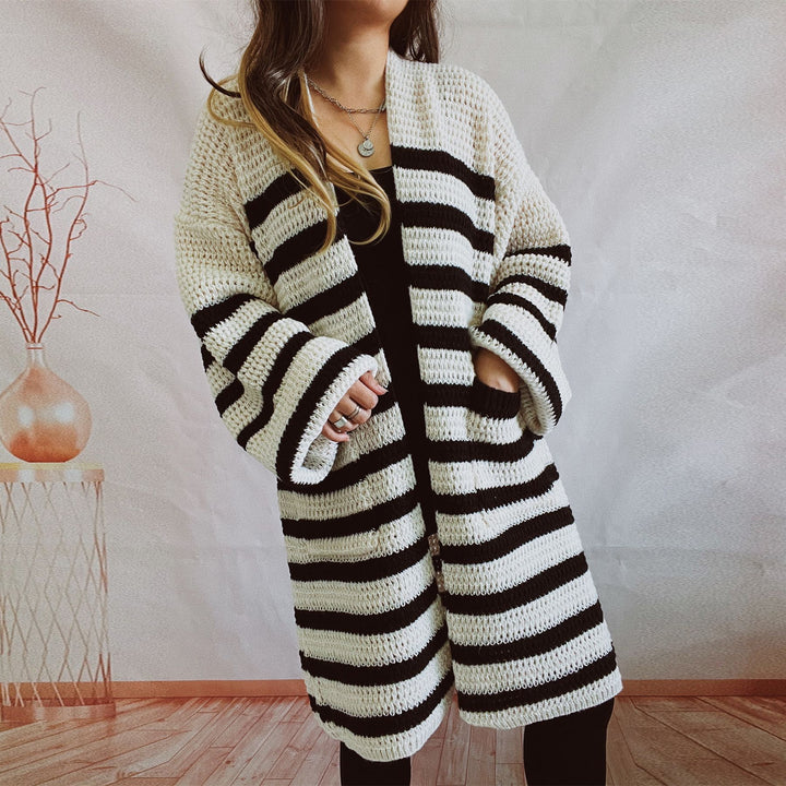 Damen lässige Strickjacke mit modernem Streifenmuster und offener Front Drune