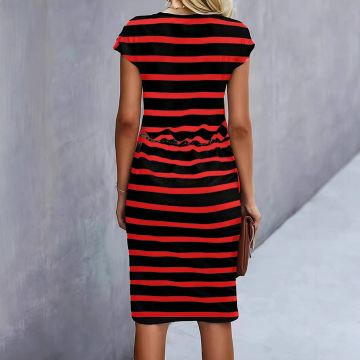 Damen Freizeitleinenkleid mit bunten Streifen und verstellbarem Taillenzug Drune