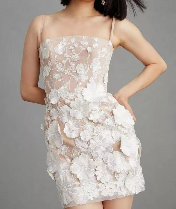 Damen Spitzenkleid mit floralen Stickereien und transparentem Design Drune