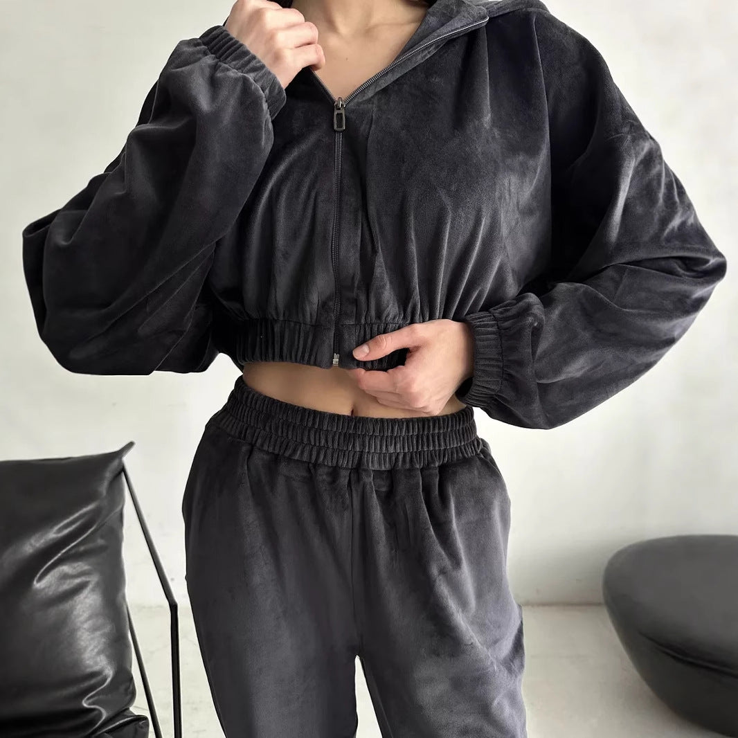 Damen lässiger Velours-Sweatjacke mit weitem Schnitt und elastischem Bund Drune