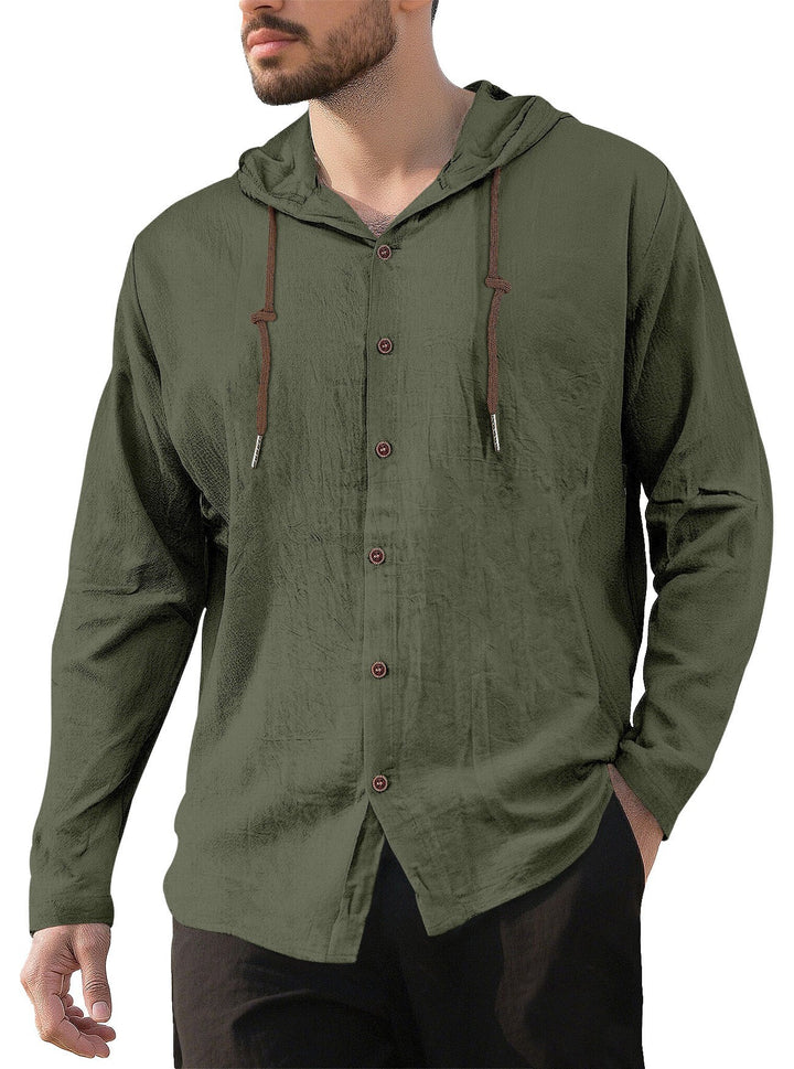 Herren nan Kapuzenhemd im Leinen-Look mit durchgehender Knopfleiste und Kordelzug Drune