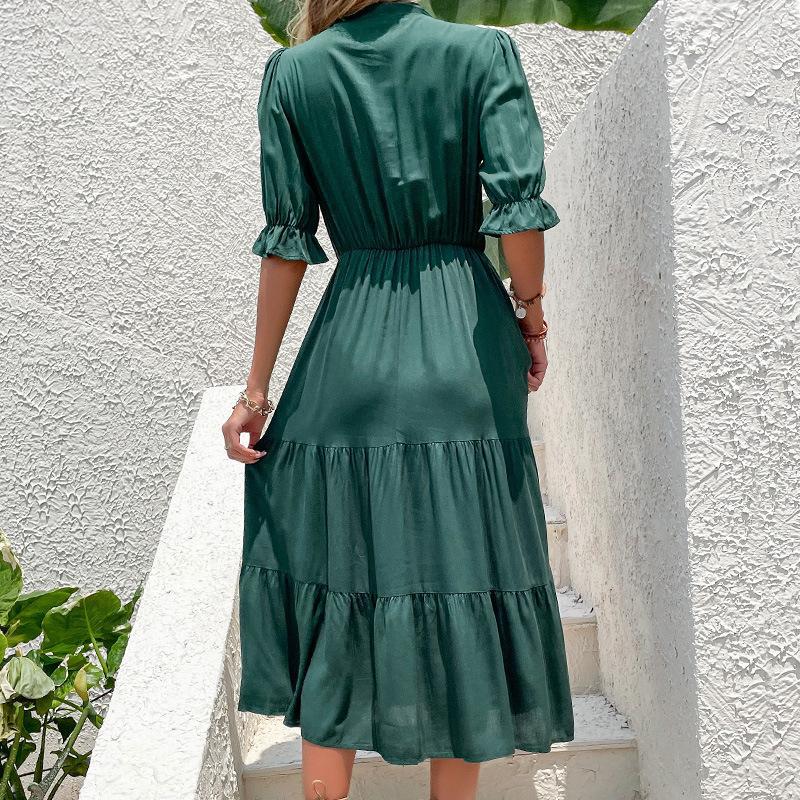 Damen lässiges Midi-Kleid mit Krawatte und Rüschensäumen Drune