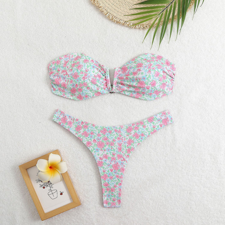Damen Bandeau-Bikini mit floralem Design und elegantem Verschluss Drune
