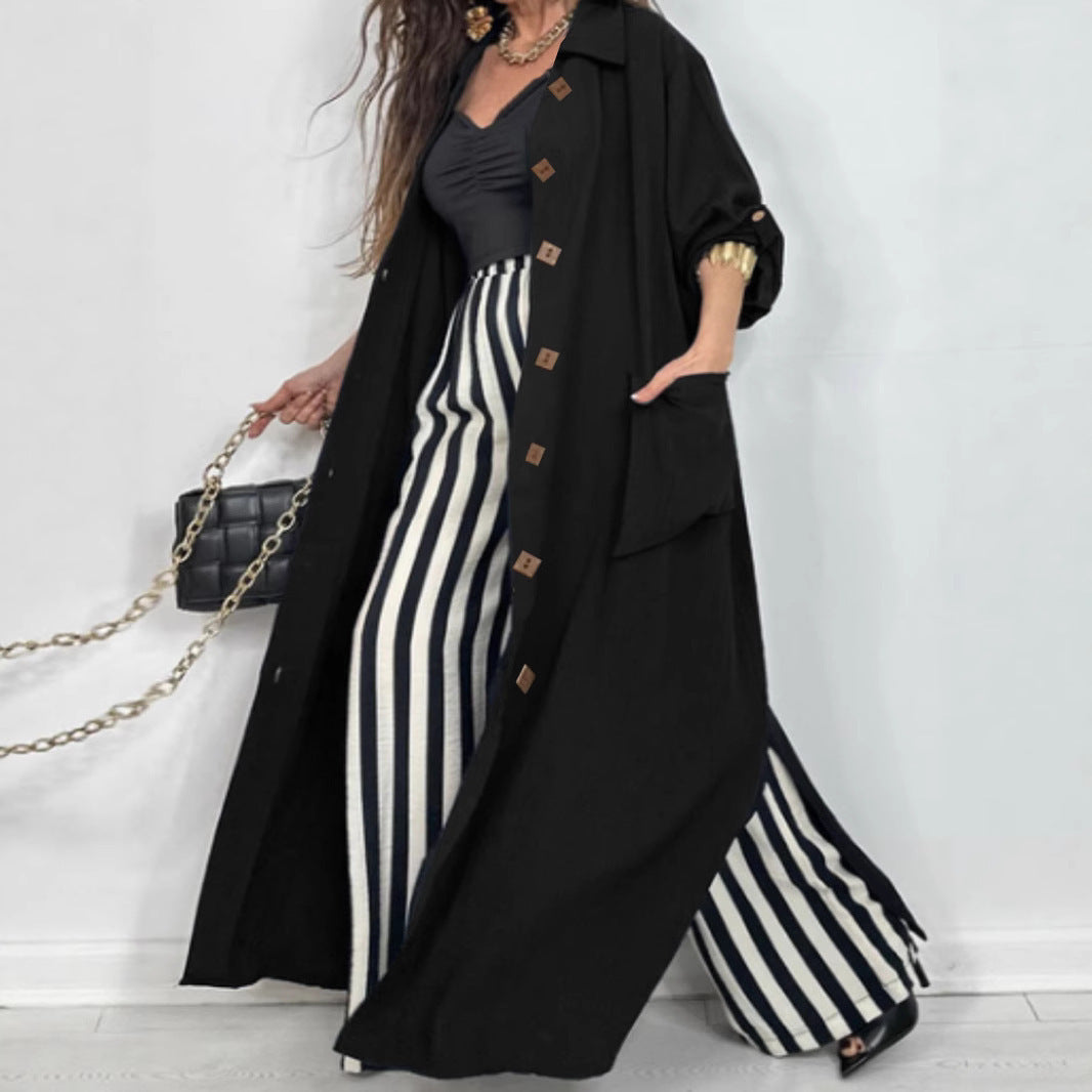 Damen Lange Oversized Jacke mit eleganten Knopfdetails und tiefem Kragen Drune