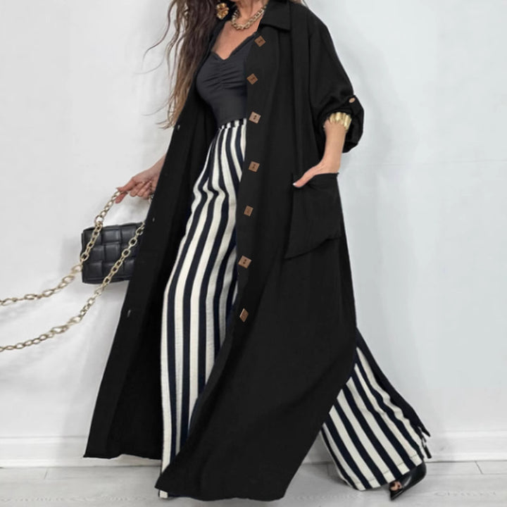 Damen Lange Oversized Jacke mit eleganten Knopfdetails und tiefem Kragen Drune