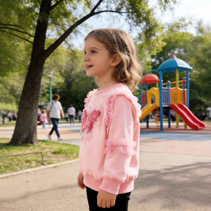 Mädchen Sweatshirt mit glänzendem Schmetterlingsmotiv und Rüschendetails Drune