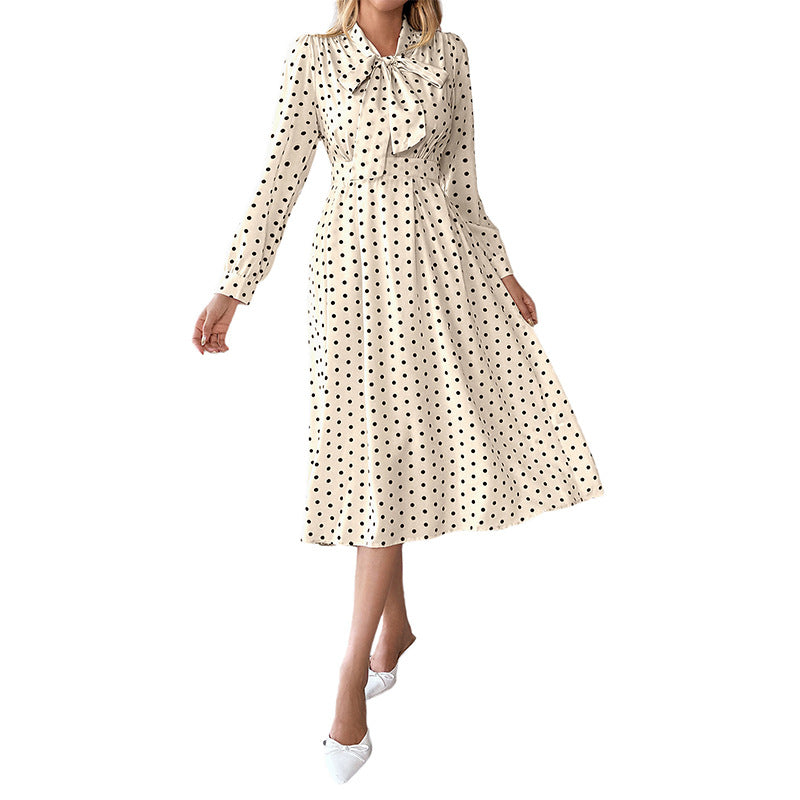 Damen Polka-Dot Midi-Kleid mit Bindekragen und langem Ärmeln Drune
