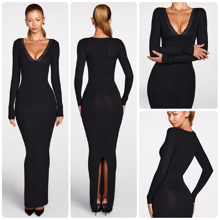 Damen figurbetontes Maxikleid mit tiefem V-Ausschnitt und eleganten Spitzenakzenten Drune