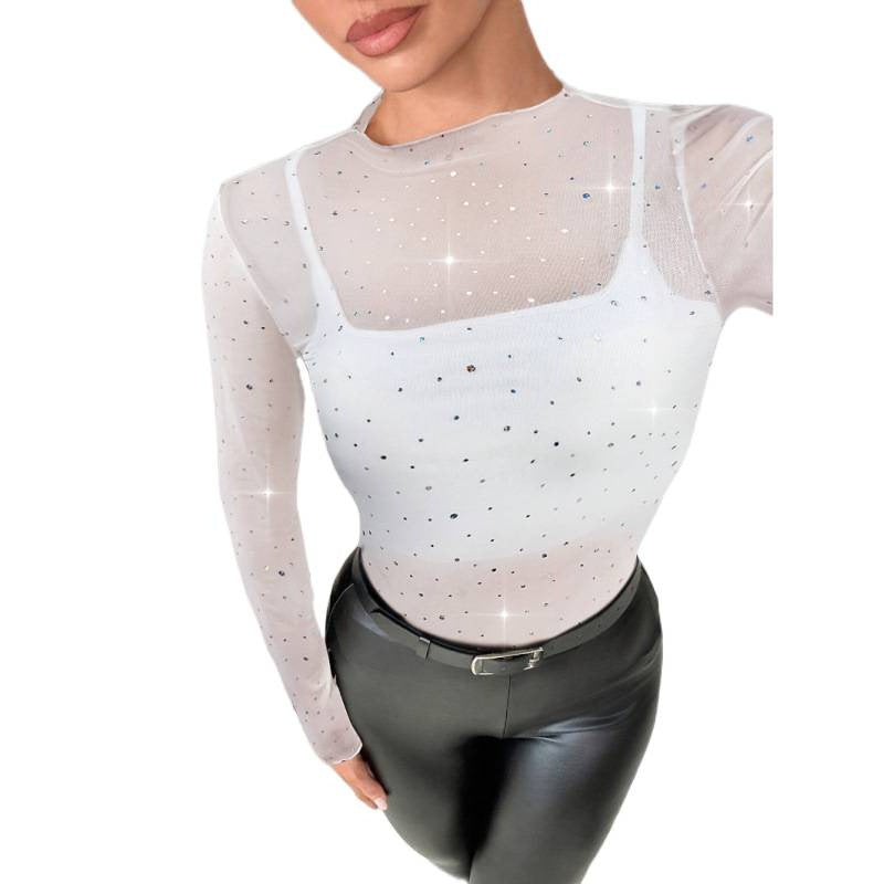 Damen transparentes Langarmshirt mit funkelnden Strassdetails Drune