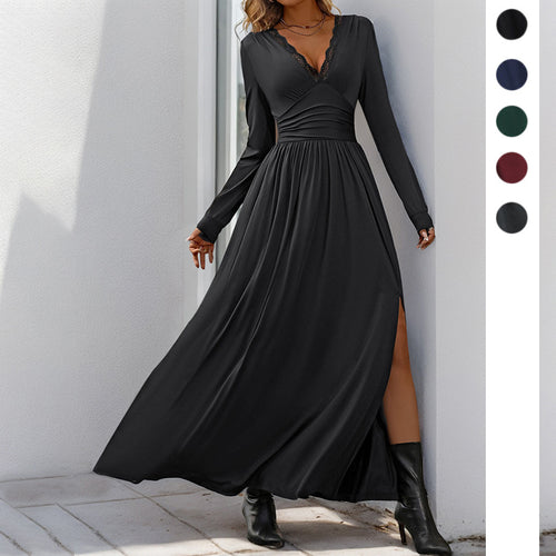 Damen elegantes Wickelkleid mit tiefem V-Ausschnitt und langen Ärmeln Drune