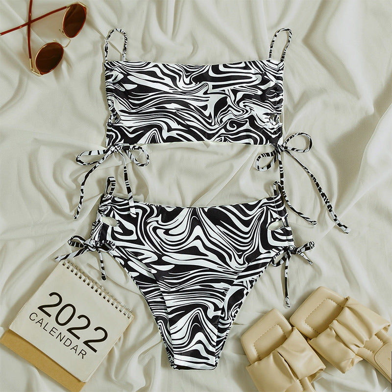 Damen Bikiniset mit verstellbaren Schnürdetails und maritimen Wellenmuster Drune