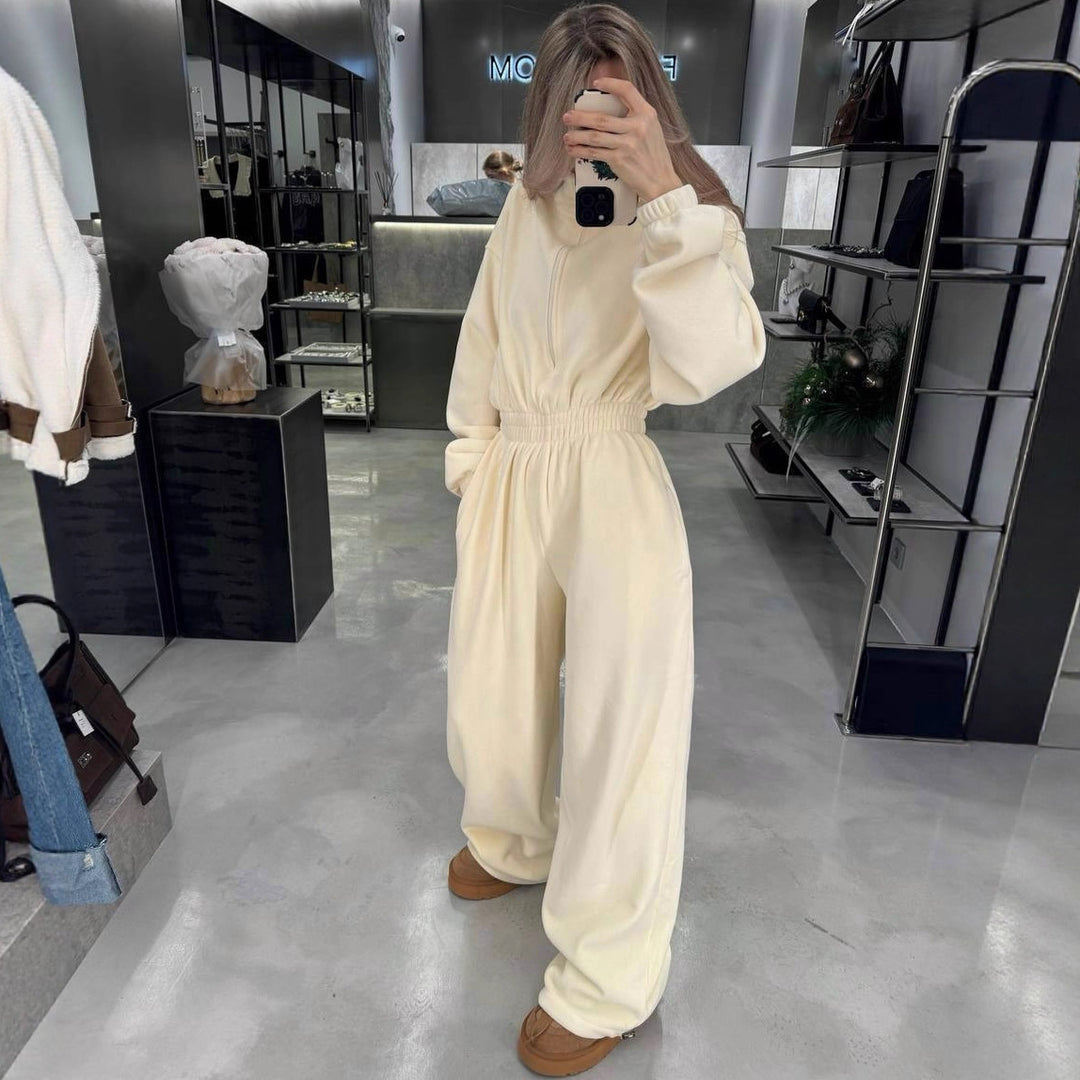 Damen Gemütlicher Fleece-Overall mit Reißverschluss und elastischem Bund Drune