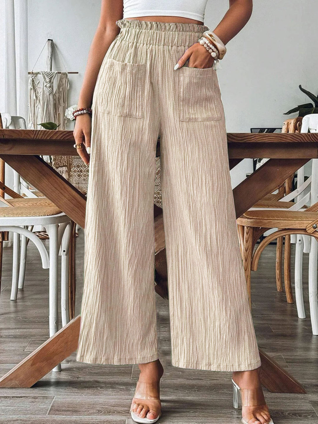 Damen Weitbeinige Hose mit elastischem Bund und praktischen Taschen Drune