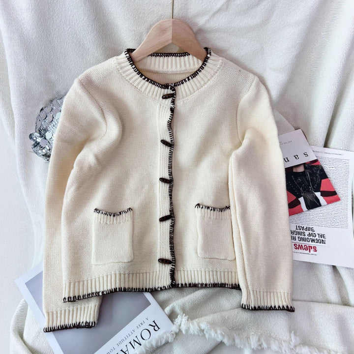 Damen klassische Strickjacke mit kontrastierenden Nähten und Taschen Drune