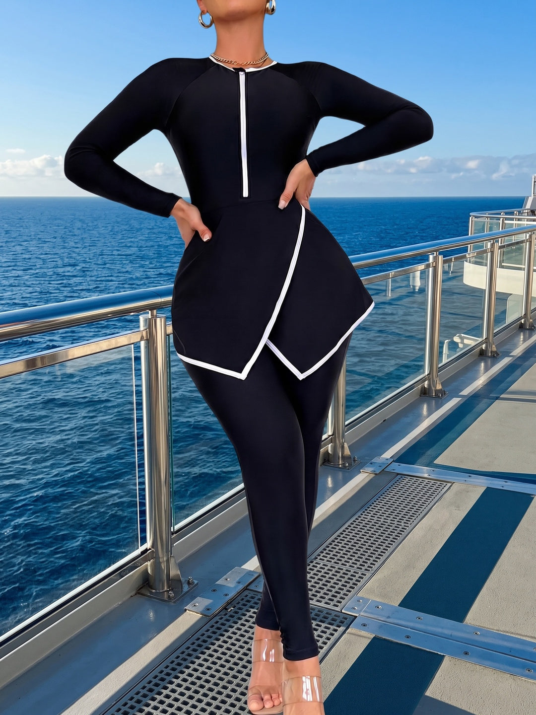Damen Sportlicher Schwimmanzug mit langem Arm und Wickeloptik Drune