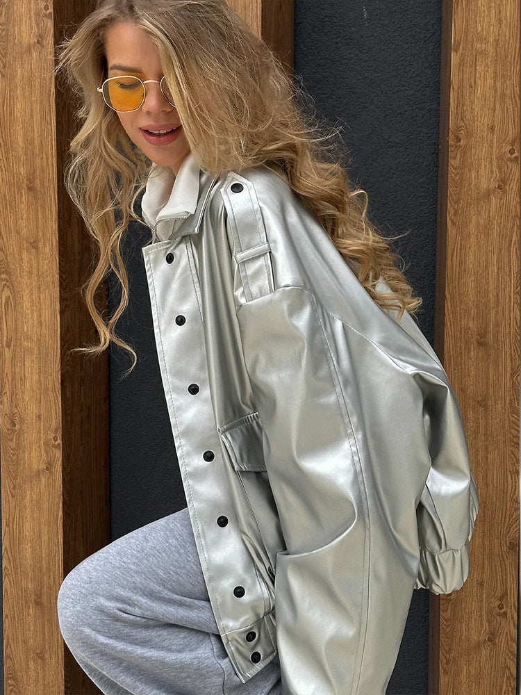 Damen Oversized Kunstlederjacke mit modischem Schnitt und eleganten Details Drune