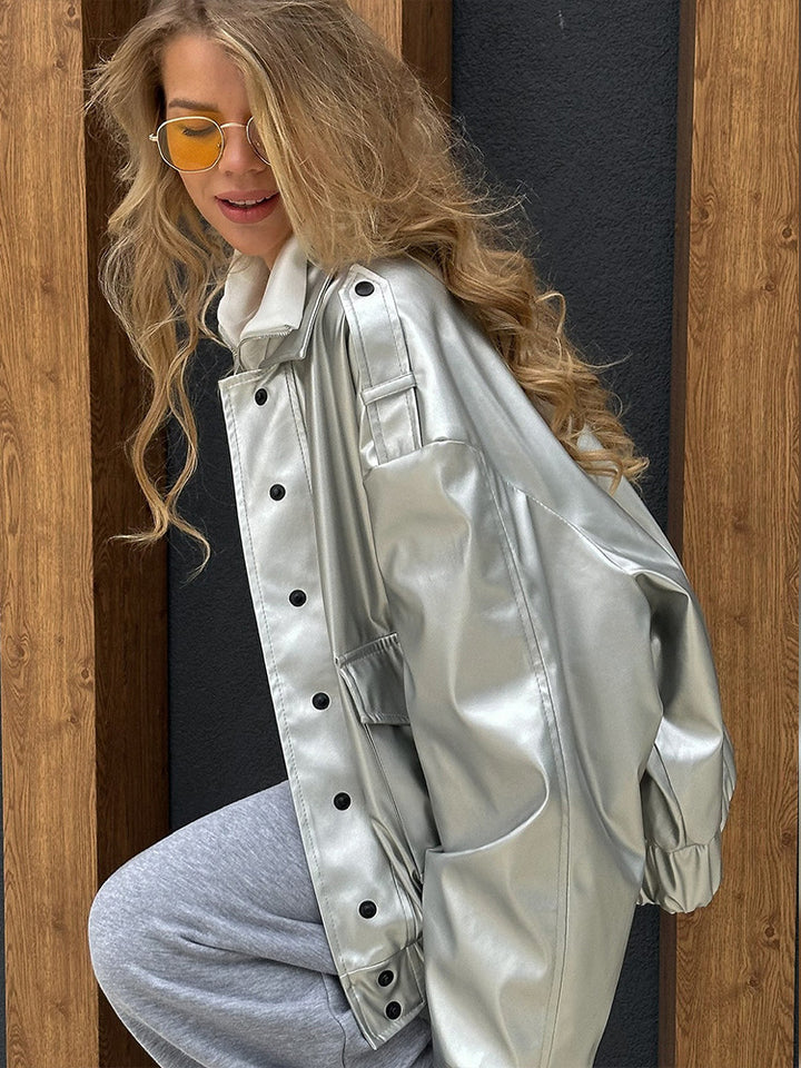 Damen Oversized Kunstlederjacke mit modischem Schnitt und eleganten Details Drune