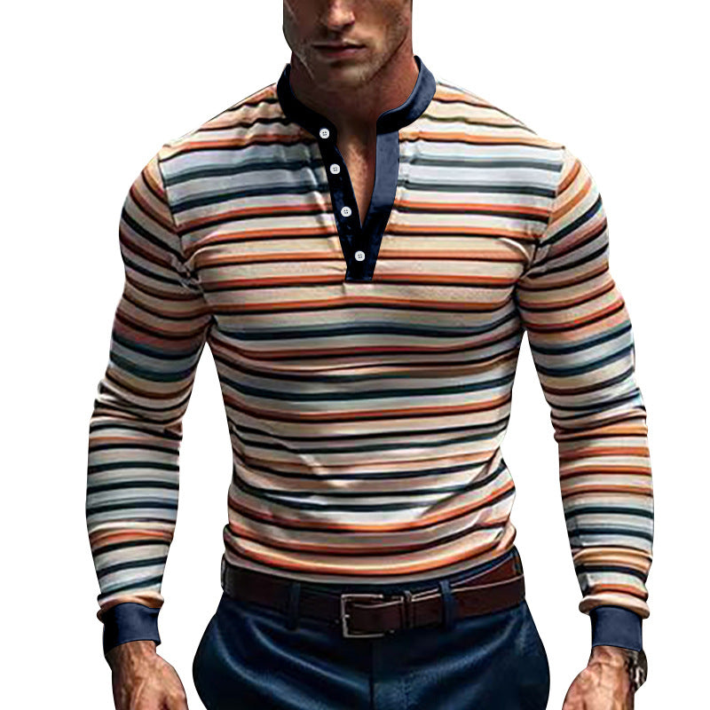 Herren nan gestreiftes Langarm-Henleyshirt mit Stehkragen und Knopfleiste Drune