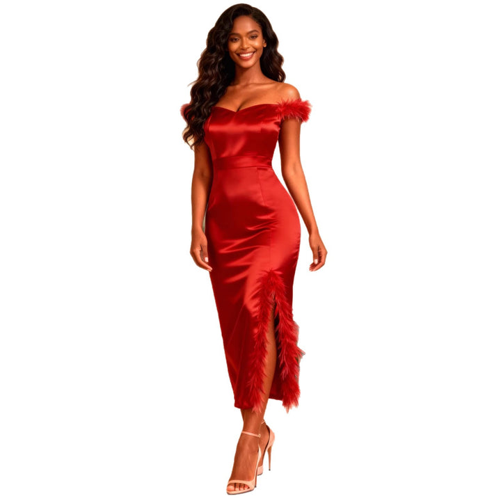 Damen elegantes Abendkleid mit raffinierter Feder-Verzierung Drune