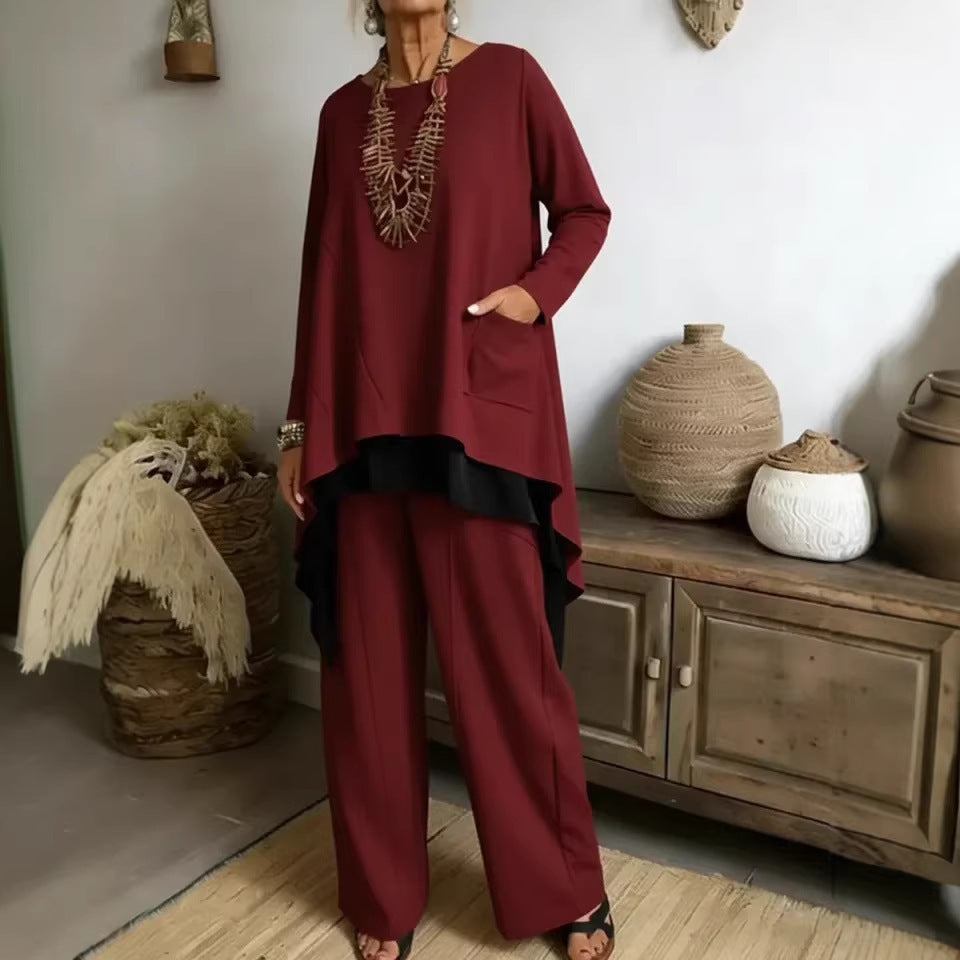 Damen lässiges Ensemble aus asymmetrischem Oberteil und weitem Hosen Drune