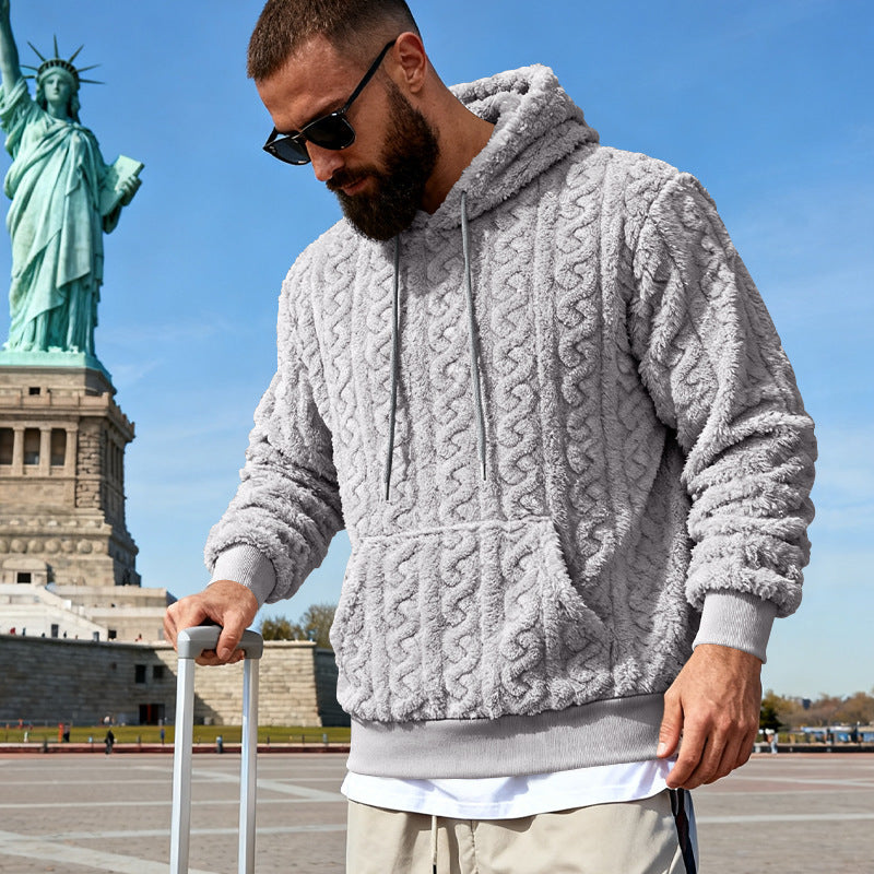 Herren nan Kuscheliger Sherpa-Hoodie mit Zopfmuster, Kängurutasche und Rippbündchen Drune