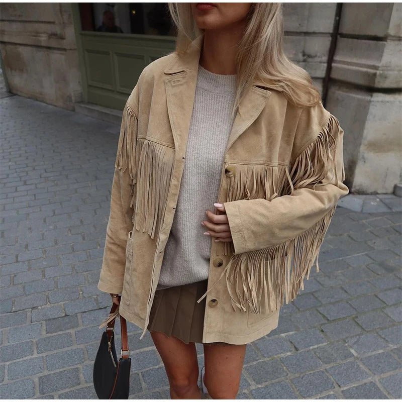 Damen Modische Wildlederjacke mit Fransen Drune