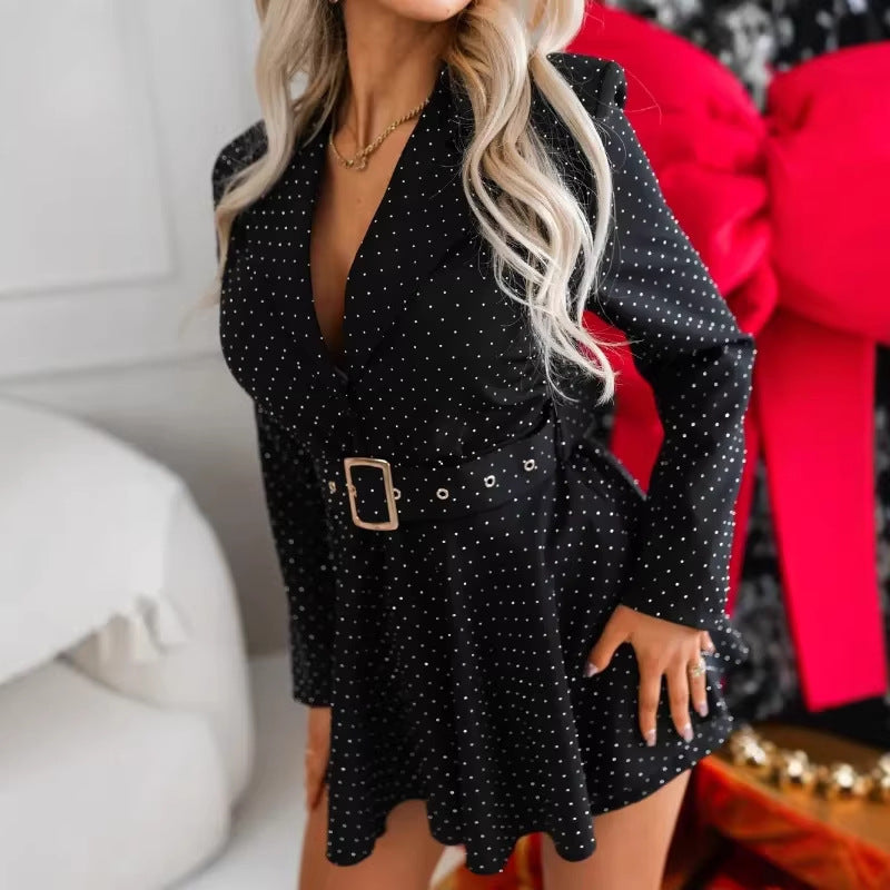 Damen elegantes Hemdblusenkleid mit Gürteldetail und Punkte-Muster Drune