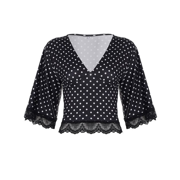Damen Polka-Dot Blusenshirt mit Spitzenverzierung Drune
