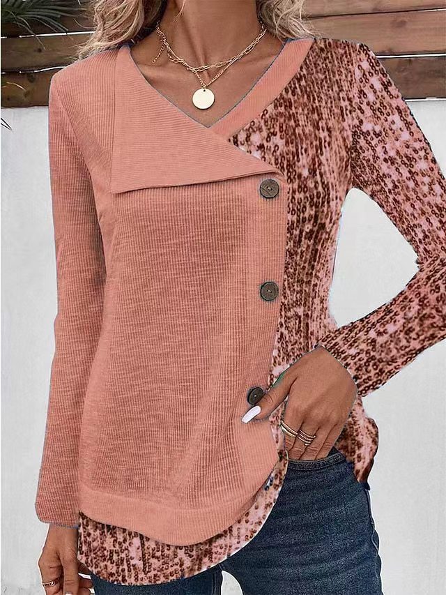 Damen Modisches Langarmshirt mit asymmetrischem Kragen und dekorativen Knopfdetails Drune