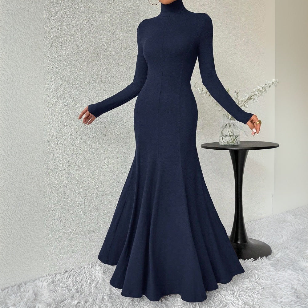 Damen elegantes Langarm-Maxi-Kleid mit hohem Kragen und schwingendem Saum Drune