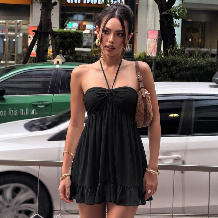 Damen Halter Kleid mit voluminösem Rock und eleganten Rüschendetails Drune