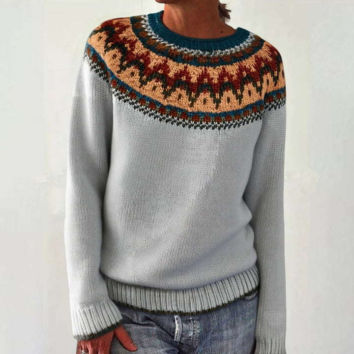 Damen nan melierter Rundhalsausschnittpullover mit kreisförmigem Jacquard-Yoke und geripptem Saum Drune