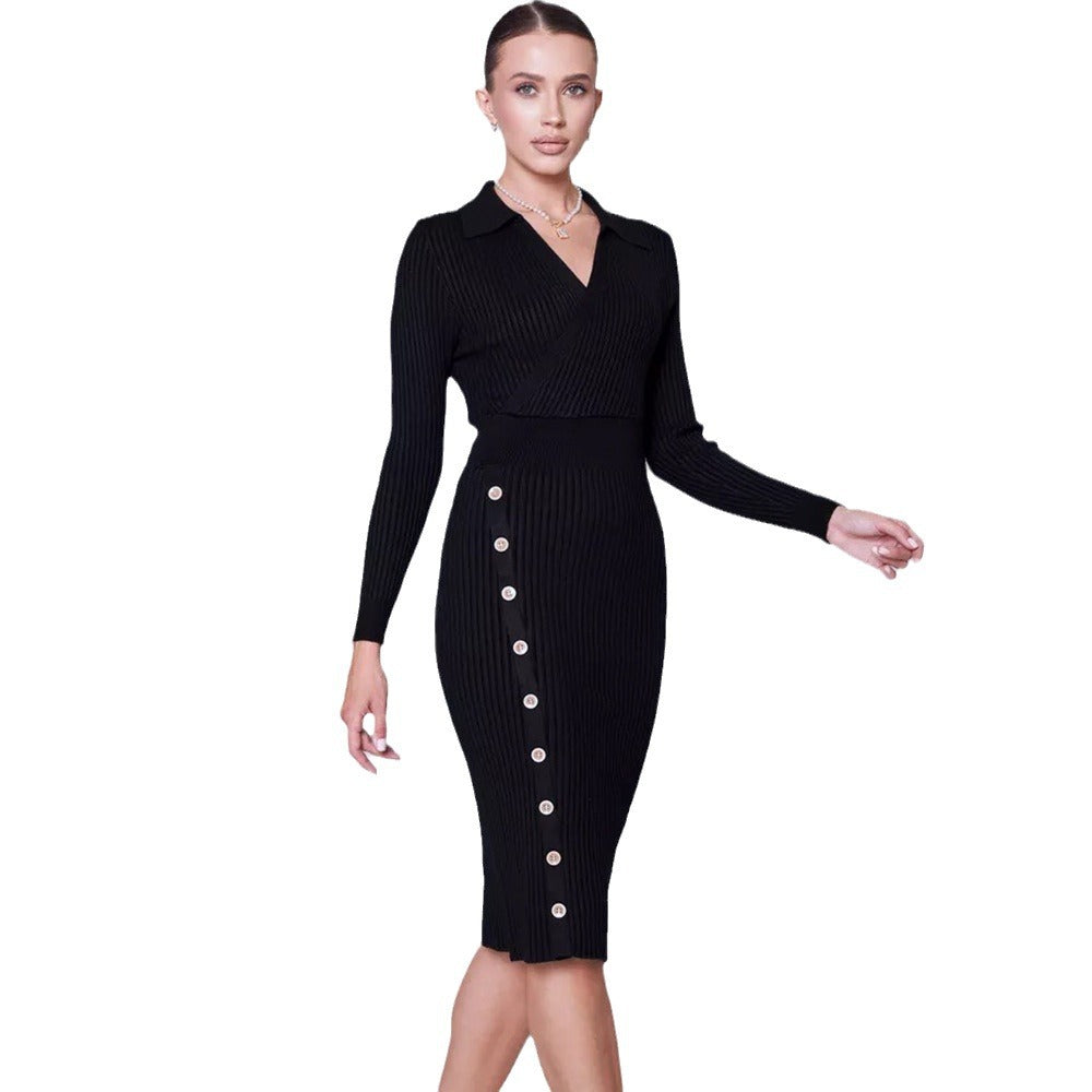 Damen Strickkleid mit elegantem V-Ausschnitt und Knopfdetails Drune