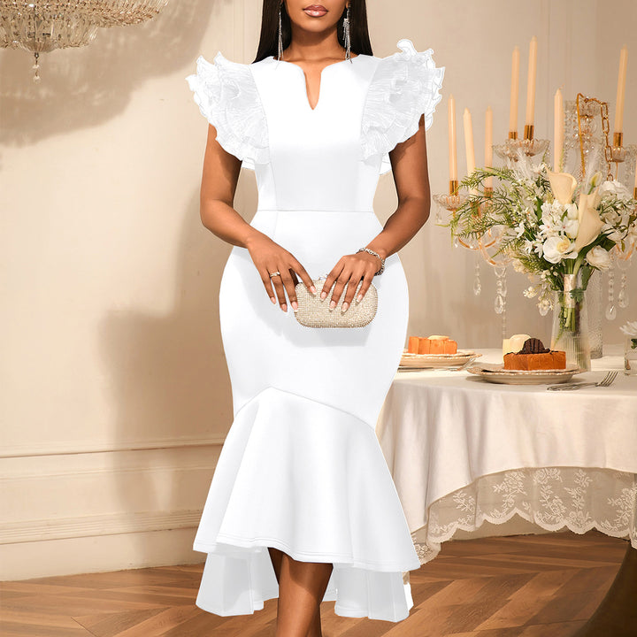 Damen figurbetontes Kleid mit voluminösen Rüschenärmel Drune