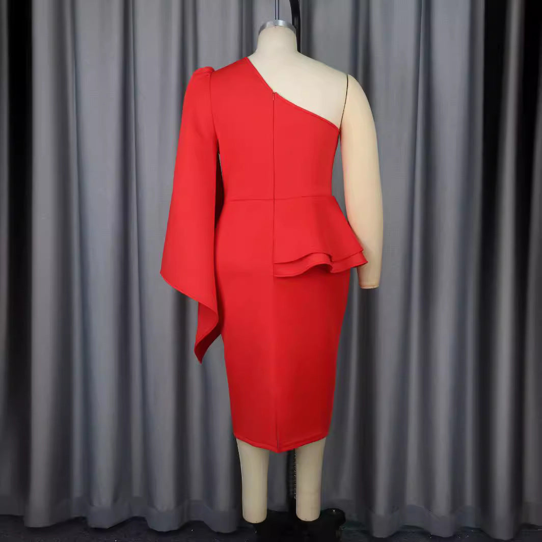 Damen figurbetontes Cocktailkleid mit asymmetrischem Rüschenvolant Drune