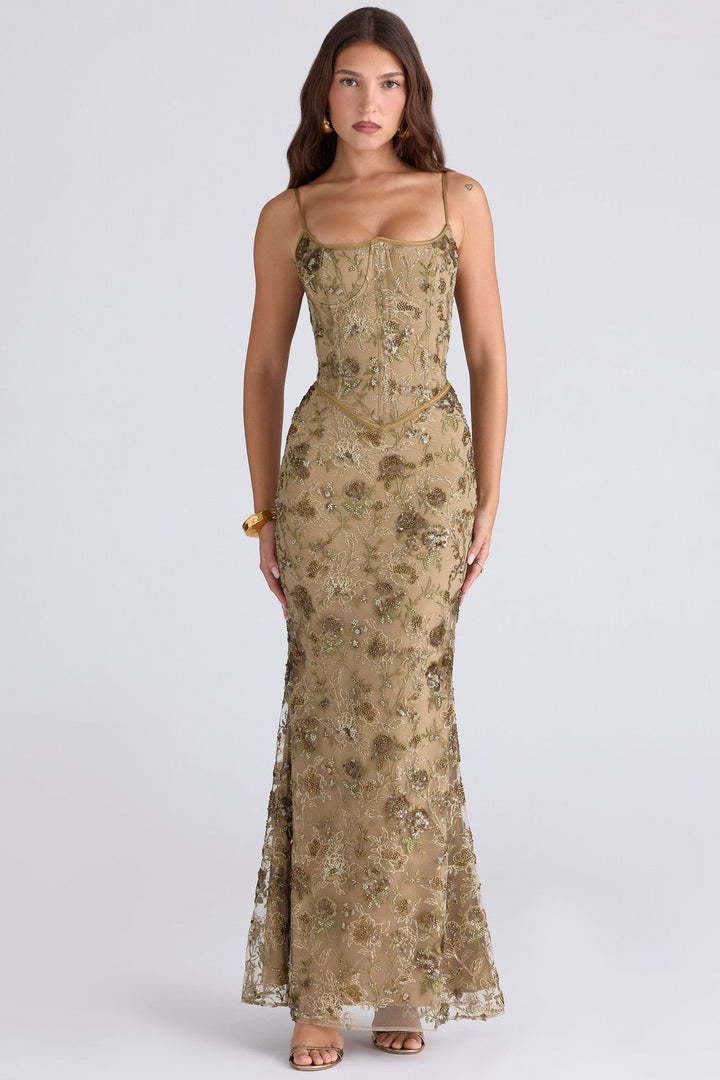 Damen nan besticktes Corsagenabendkleid mit transparenter Spitze und figurbetonter Silhouette Drune