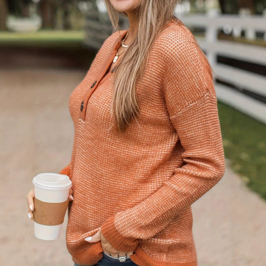 Damen lässiger Pullover mit Knopfleiste und strukturiertem Kragen Drune