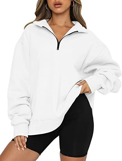 Damen nan oversized Sweatshirt mit halbem Reißverschluss, weichem Fleece-Innenfutter und Kängurutasche Drune