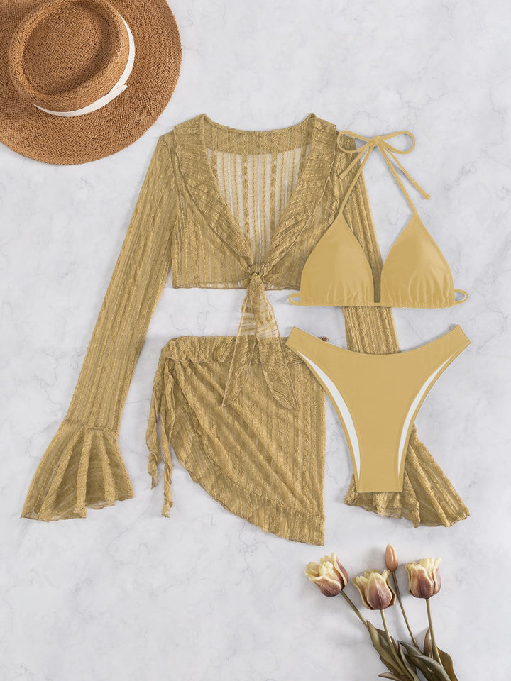 Damen Triangel-Bikini-Set mit langärmligem Crop-Top Drune