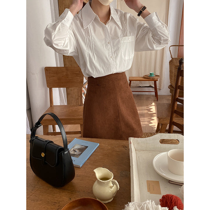 Damen klassische Bluse mit feinen Falten Drune