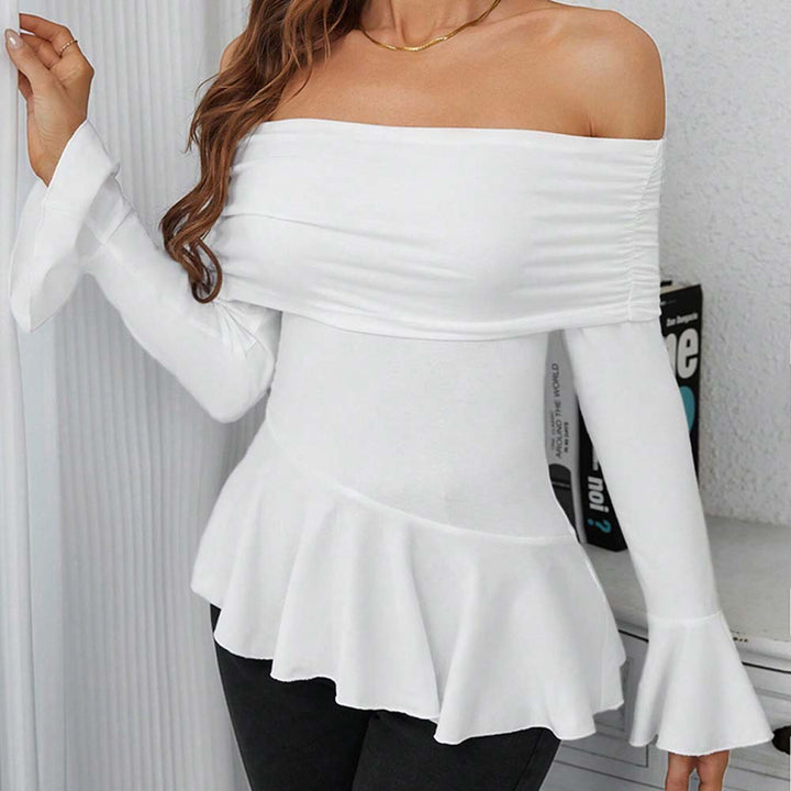 Damen Off-Shoulder Oberteil mit schickem Volant und langen Ärmeln Drune