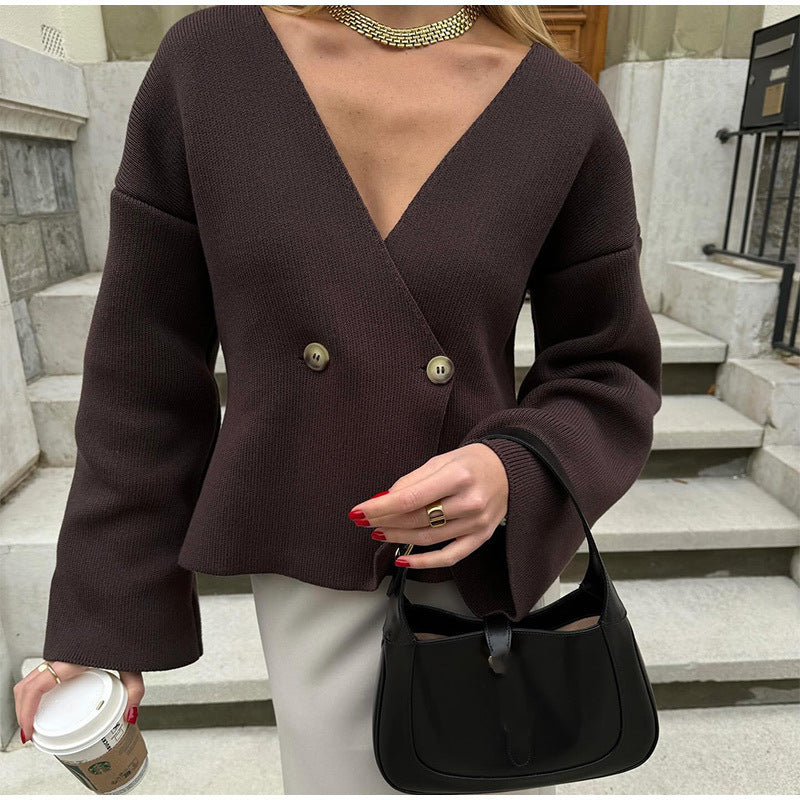 Damen modische Strickjacke mit tiefem V-Ausschnitt und eleganten Knopfdetails Drune